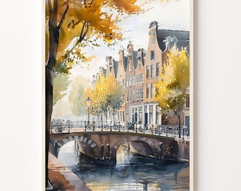 Amsterdam Watercolor Painting: Netherlands Canal Art Print