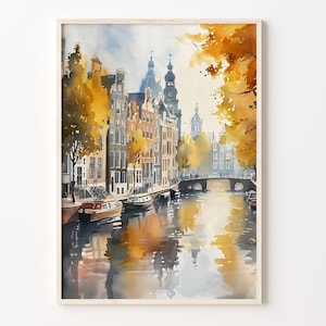 Amsterdam aquarel, reisafdruk, poster Nederland, kunst aan de muur, verjaardagscadeau, huwelijkscadeau, C30-8