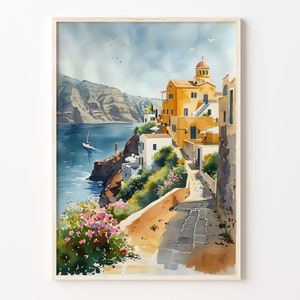 Santorini Watercolor Print: Greece Travel Poster, Mediterranean Wall Art