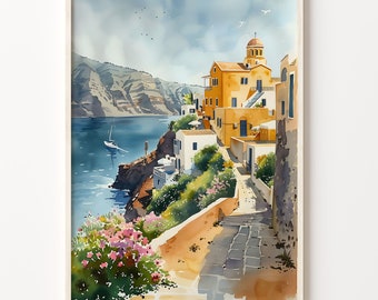 Santorini Watercolor Print: Greece Travel Poster, Mediterranean Wall Art