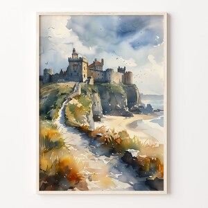 バンバラ城の水彩画、旅行画、壁アート、バンバラ城のポスター、室内装飾、イギリスのギフト、アート愛好家、C30-415
