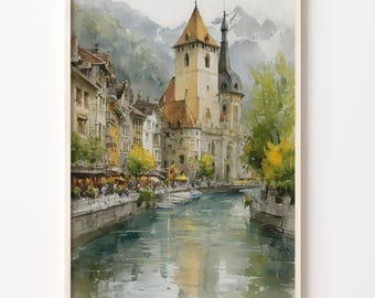 Watercolor Travel Interlaken Switzerland Print, Art Deco Canal Townscape Wall Art