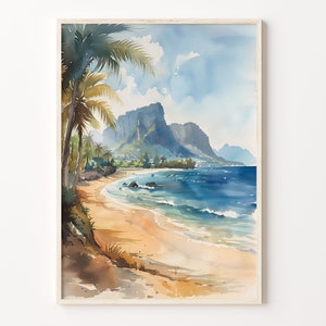 Mauritius Abend Aquarellmalerei, Mauritius Wandbild, Indischer Ozean Poster, Reisedruck, Geschenk, Individueller Text, C30-472