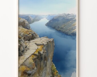 Norway Wall Art, Pulpit Rock Watercolor Poster on 200 Gsm Matte Paper