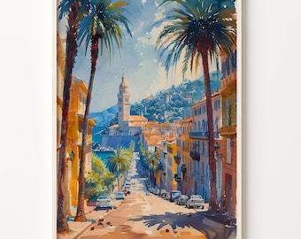 Nice France Watercolor Painting: Coastal Cityscape Art Print