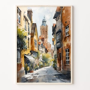 Norwich Aquarell, Traditioneller Reise-Druck, Vereinigtes Königreich Poster, Wandkunst, Hochzeitsgeschenk, Geburtstagsgeschenk, C30-334
