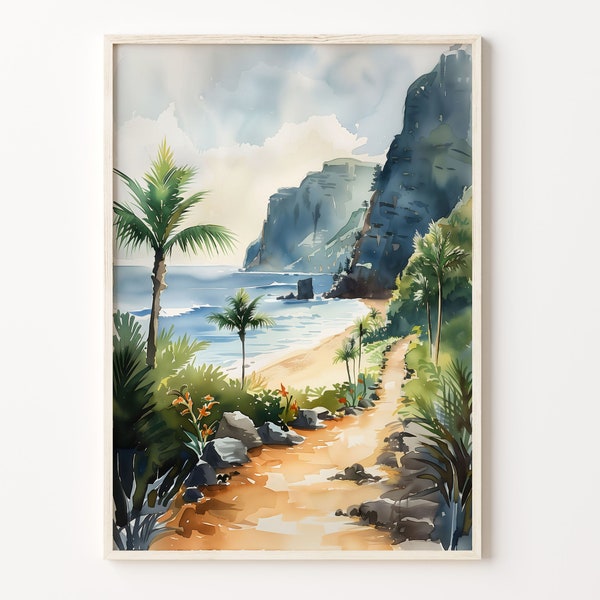 Big Island Hawaii Watercolor Painting: Tropical Beach Art Print