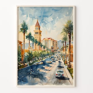 Pintura de acuarela de Las Vegas, Cartel de viaje de Nevada, Impresión de arte mural, Arte tradicional, Decoración del hogar, C30-265