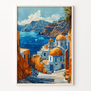 Santorini Aquarell, Griechenland Wandkunst, Reisedruck, Dekoration, Poster, Geschenk für Kunstliebhaber, Wandbehang, C30-512