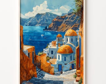 Santorini Greece Watercolor Print: Mediterranean Wall Art