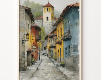 Art Deco Travel Watercolor Poster of Ouro Preto, Brazil, 200 Gsm Matte Paper