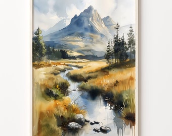 Scottish Highlands Watercolor Painting: Landscape Art Print