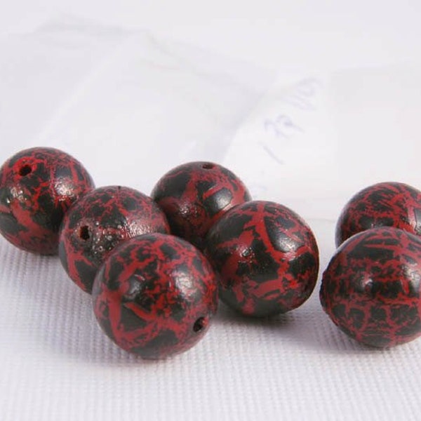 Vintage Red and Black Splatter Paint Beads Round Necklace Beads Craft Supply Jewelry Component Beading Set of 10 Findings