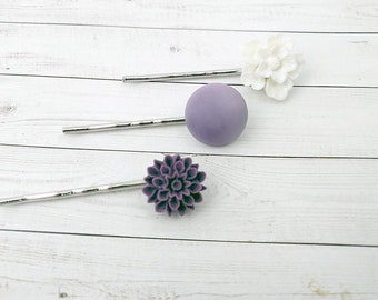 Hair Pins Floral Purple White Dark Amethyst Flower Bobby Pins Garden Wedding Jewelry Spring Hair Piece Birthday Gift for Girl Her Under 15