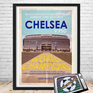CHELSEA FC World Club Champions 2025, ilustrowany wydruk artystyczny w stylu retro, format A1, A2, A3 lub A4