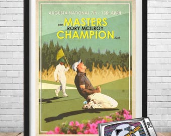 May include: Framed golf poster featuring a vintage design with the text "Masters Champion 2025 Rory McIlroy." The image shows a golfer celebrating on a green course. A small TV displays "The Goal Flash."