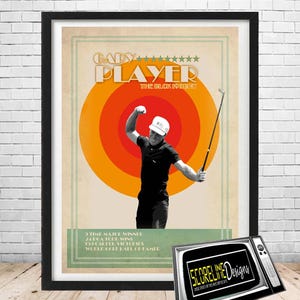 May include: Framed poster featuring Gary Player, "The Black Knight," with a retro design. The image shows Player in action, with text including "3 Time Major Winner" and "World Golf Hall of Fame."