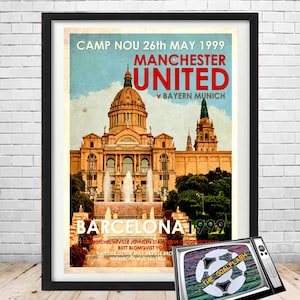 MANCHESTER UNITED Champions League Final Barcelona 1999 retro style illustrated print