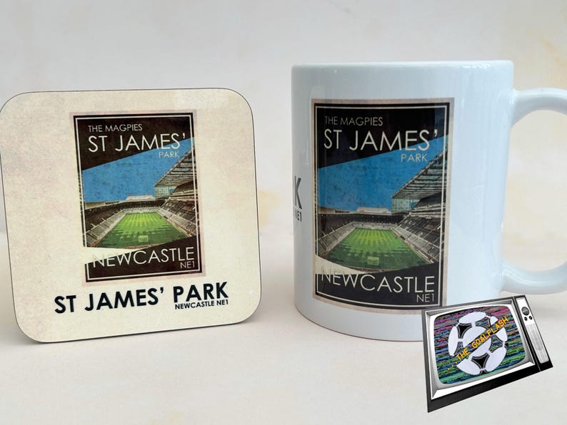 May include: A white ceramic mug with a vintage-style image of St. James' Park, home of Newcastle United Football Club. The image features the text "The Magpies St. James' Park Newcastle NE1". A matching coaster is also shown.