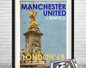 MANCHESTER UNITED Europacupfinale 1968 geïllustreerde print in retrostijl