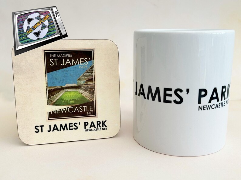 May include: A white ceramic mug with black text that reads "JAMES' PARK NEWCASTLE NE1". A coaster with a vintage image of a football stadium and the text "THE MAGPIES ST JAMES' PARK NEWCASTLE NET" is also shown.