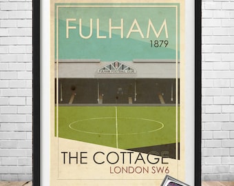 May include: A vintage-style poster featuring a black and white illustration of Craven Cottage, the home stadium of Fulham Football Club. The poster has a green field, a blue and white sky, and the text "FULHAM 1879" and "THE COTTAGE LONDON SW6".