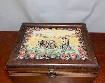 Vintage Wooden Tapestry Jewelry Box