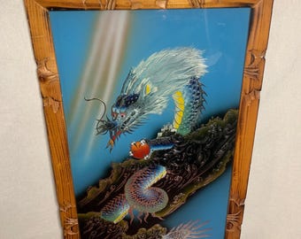 Drago d'argento giapponese vintage incorniciato su vetro rovesciato