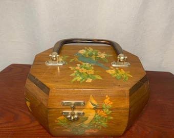 Vintage Wooden Floral Bird Top Handle Purse
