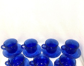 Vintage 14pc Set Cobalt Blue Fortescrisa Tea Cups And Saucers Made In Mexico