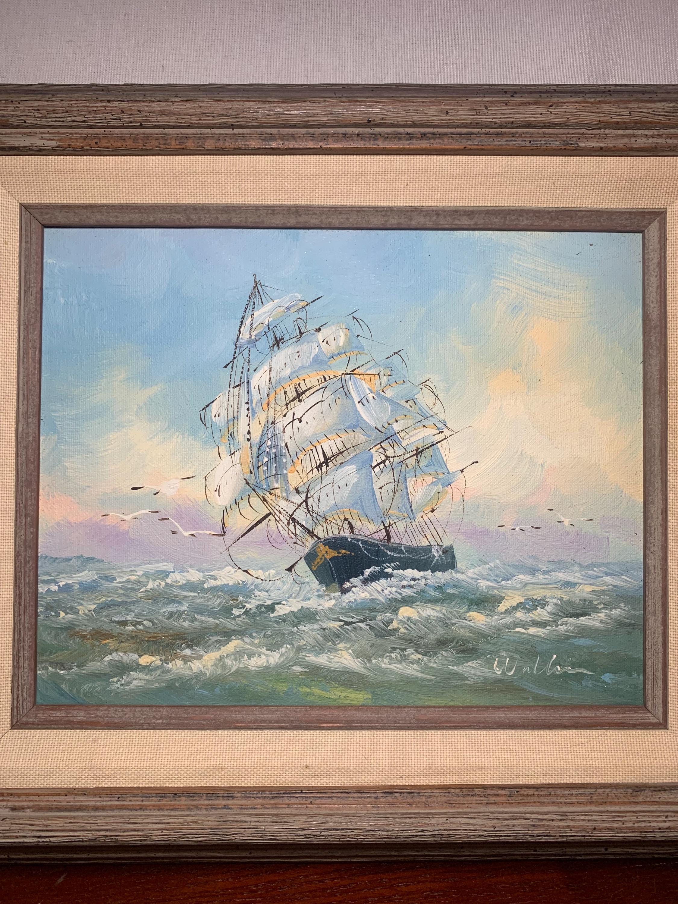 船の油絵 1960年代のヴィンテージ、額装済み、サイン入り、ウォレン作