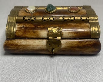 Vintage Handmade Camel Bone & Brass With Raw Stones Jewelry Box