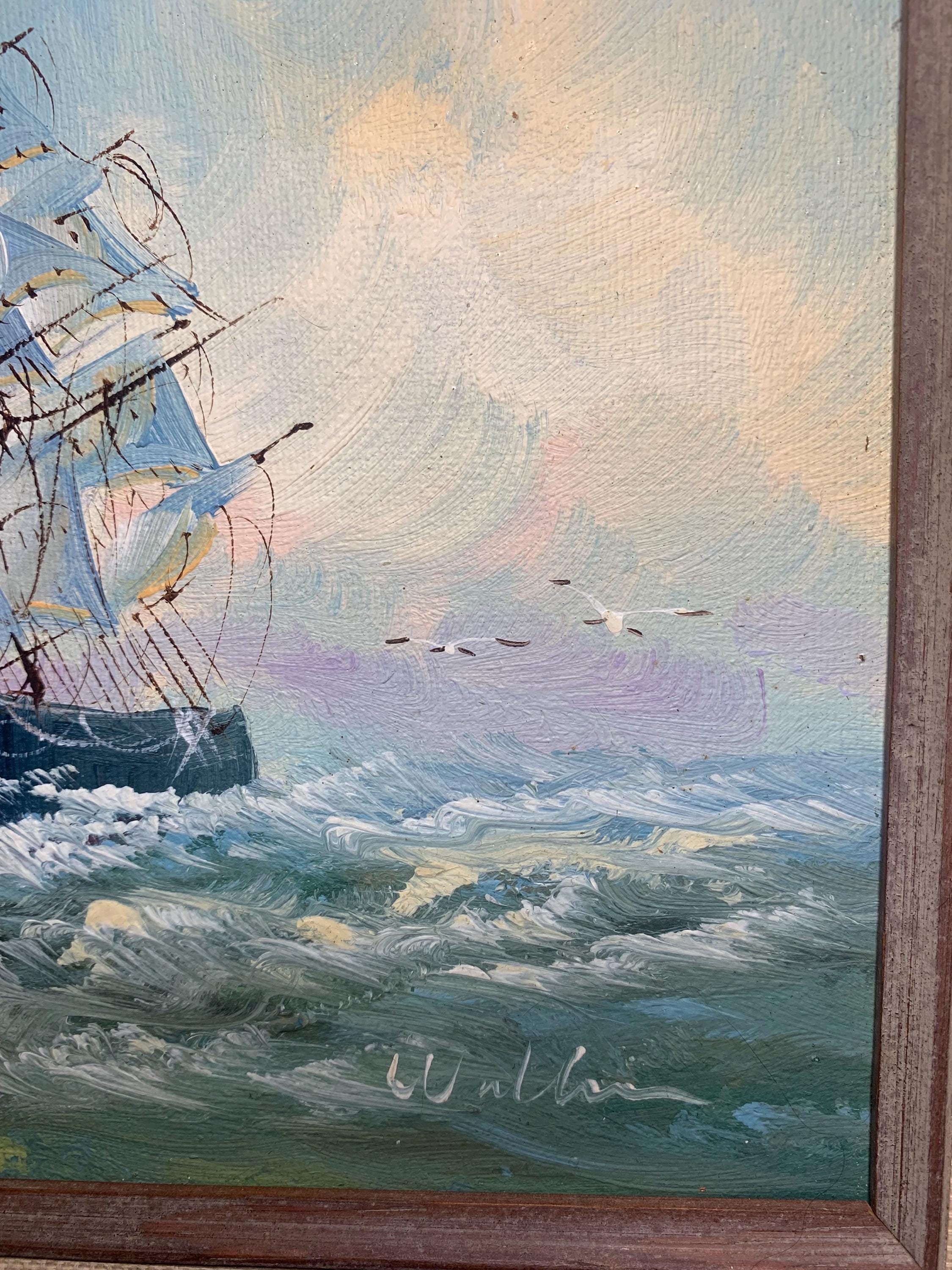 船の油絵 1960年代のヴィンテージ、額装済み、サイン入り、ウォレン作