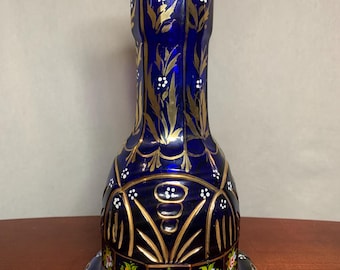 Antique Cobalt Blue Handpainted&Gilded Bohemian/Persian Glass Hookah/Vase