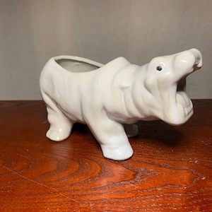 May include: A white ceramic hippo planter with an open mouth and a hollowed-out back for plants. The hippo has small black eyes and is standing on four legs. The planter is on a wooden surface.