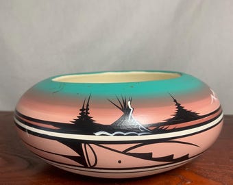 Cuenco de cerámica Navajo Cedar Messa antiguo pintado a mano con la inscripción "Fin del camino"