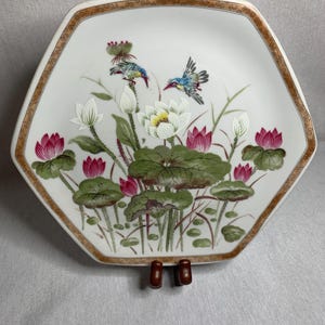 Vintage Toyo Japan Ming Lotus 8” Octagonal Hummingbird Plate
