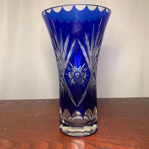 Antique Bohemian Cobalt Blue Cut To Clear Glass Vase