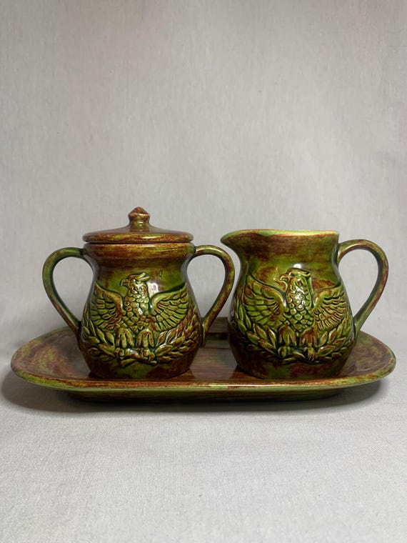 K3789 Antique 1930s FISHERS ジュエリー トレイ Extremely Rare Handmade Creek Turn Pottery Creamer&sugar Set With