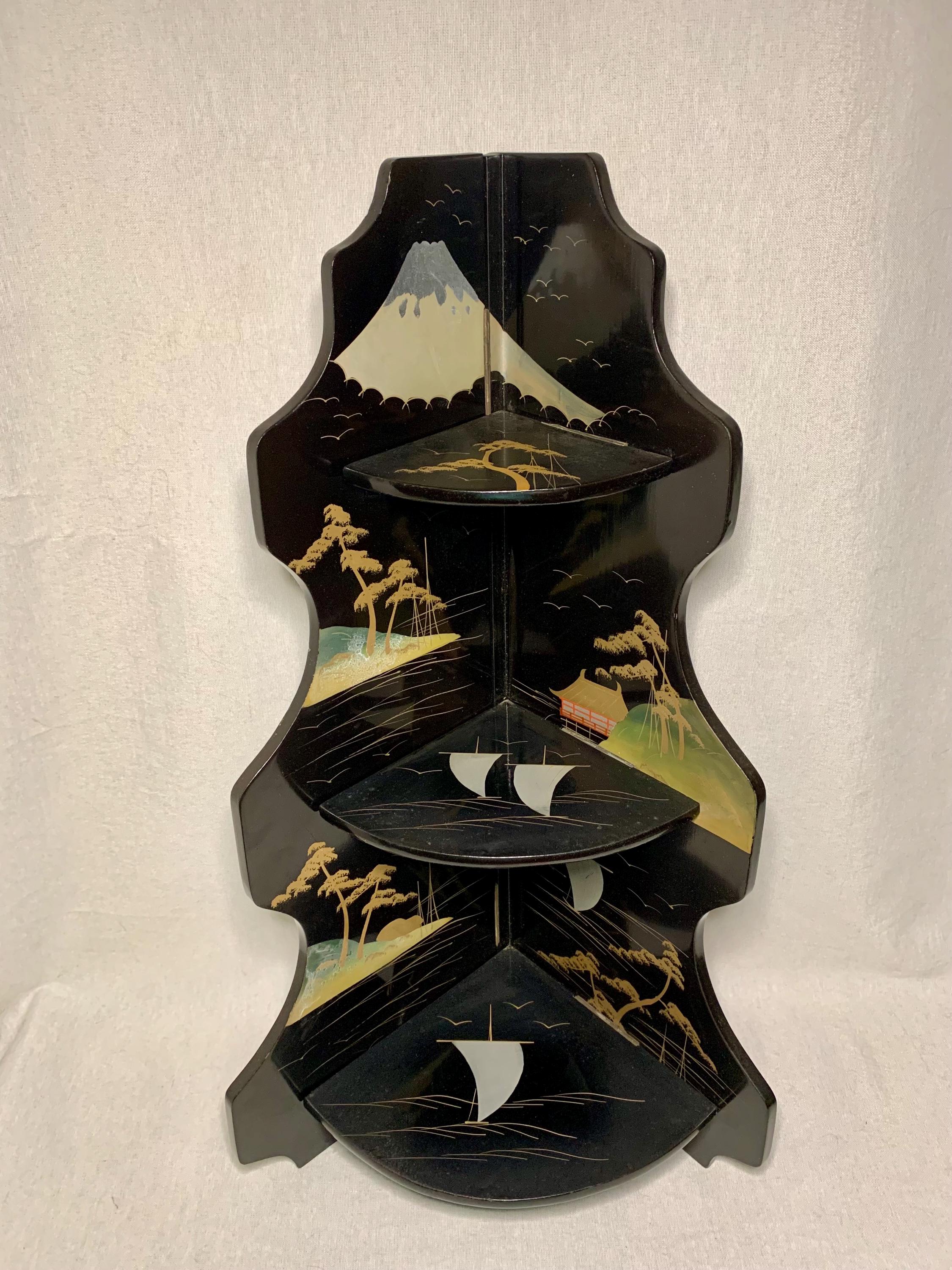 Vintage Japanese Handmade&painted Black Lacquer Three Teir