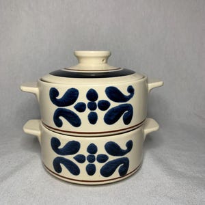 Vintage Beige&Blue Stoneware Casserole Dish With Lid
