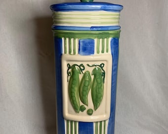 Vintage Handpainted Peas In A Pod Ceramic Pasta Container With Lid