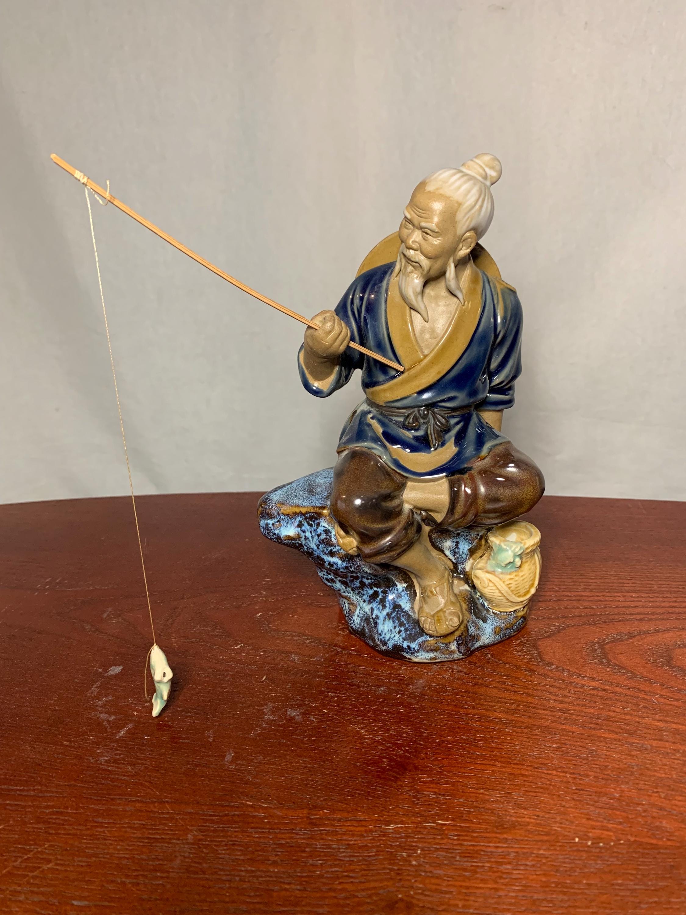 Vintage 1986 Chinese Mudman Shiwan Fisherman Firgurine With Fish