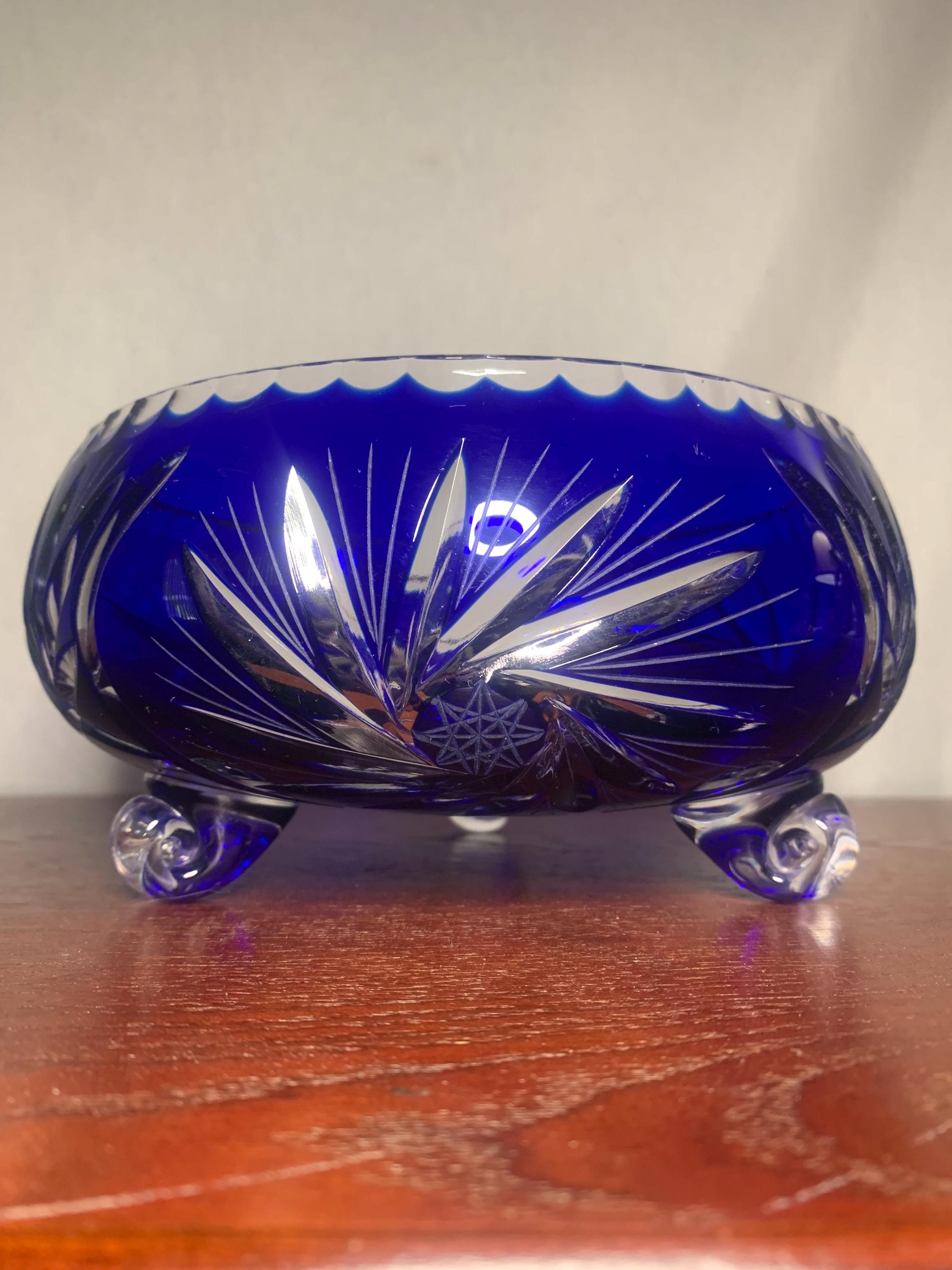 Vintage Bohemian Cobalt Blue Cut to Clear Footed Bowl - Etsy