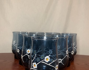 Vintage 10pc Set Of Libbey Smokey Blue Dogwood Tea Glasses