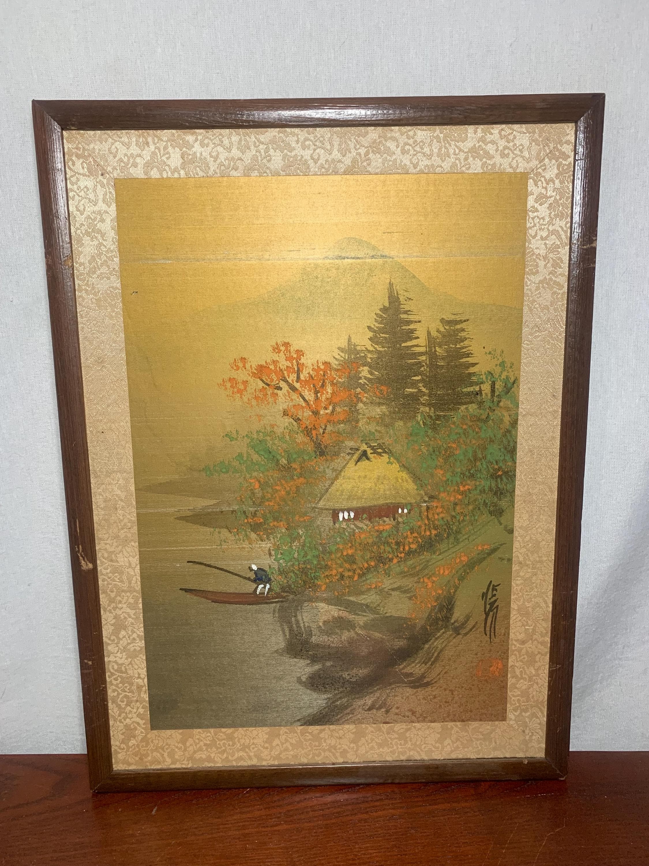 Vintage Framed Japanese Gold Leaf Water Color Painting Artist