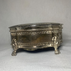 Vintage 1940’s Silverplated Engraved Lion Footed Jewelry Box