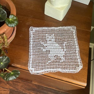 May include: A square white crochet doily featuring a central openwork pattern that depicts the silhouette of a cat. The piece is crafted with a fine thread, creating a grid-like texture with a distinct border and a clear feline motif in the middle.