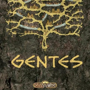 Könnte beinhalten: Ein Brettspielcover mit einer gelben Baumillustration auf einem dunkelbraunen Hintergrund. Der Baum hat eine Stadt in seinen Ästen. Der Titel des Spiels ist "GENTES" in gelben Buchstaben. Das Spiel ist von Spielworxx.