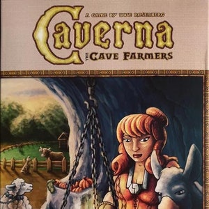 May include: Averna: The Cave Farmers board game box art features a woman with red hair and a donkey standing next to a cauldron. The woman is wearing a brown and orange dress and holding a wooden spoon. The background is a cave with a chain hanging from the ceiling.